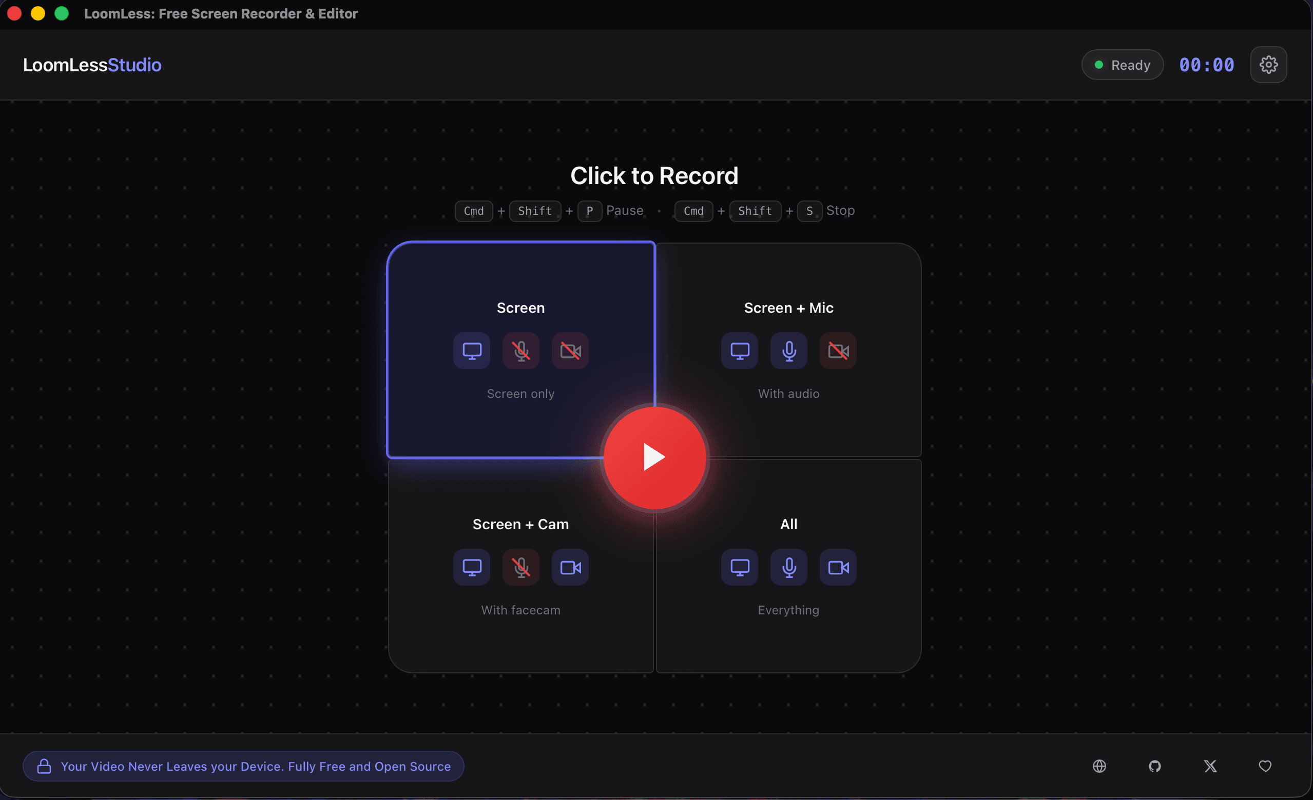 LoomLess interface preview showing the recorder home screen
