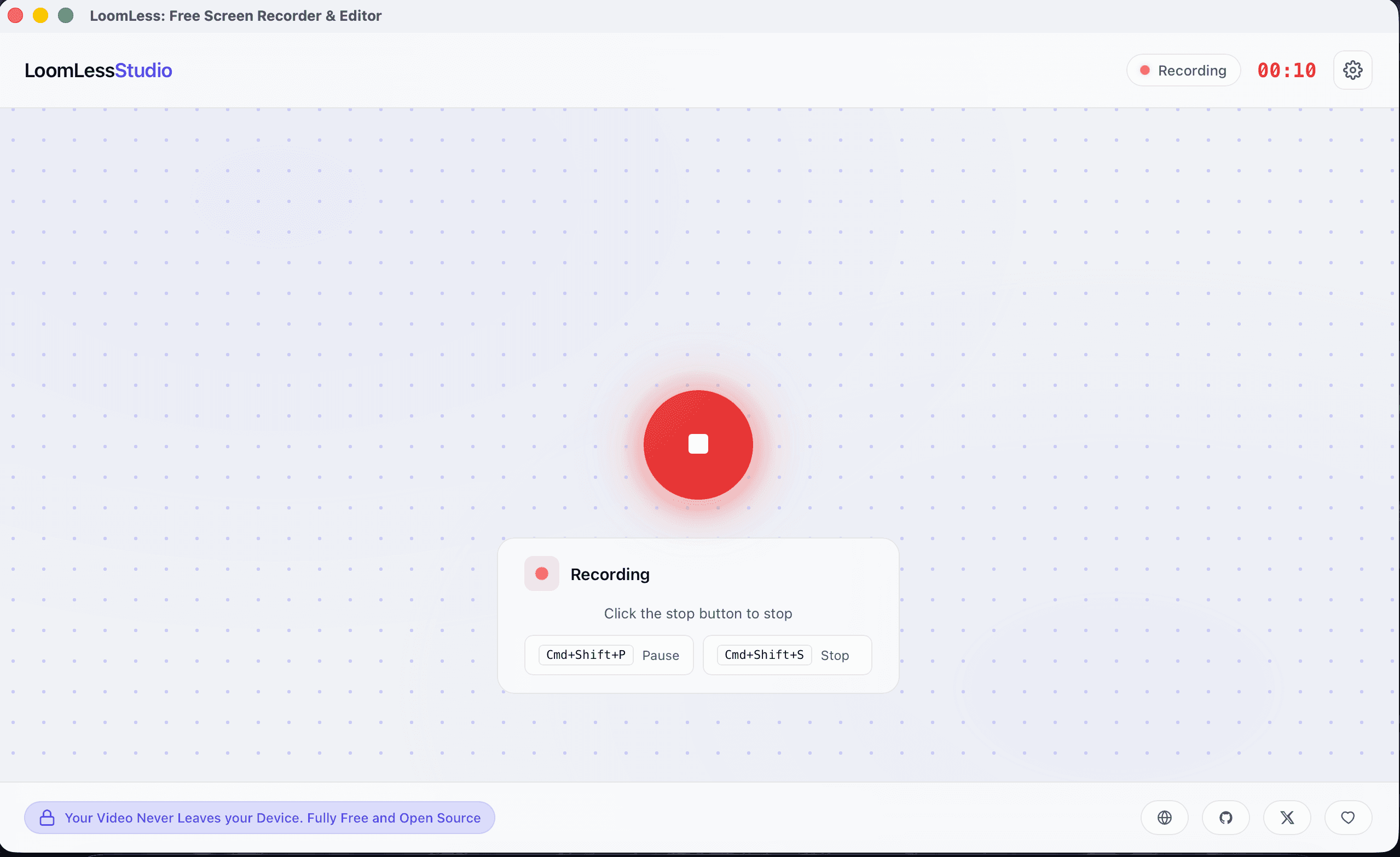LoomLess interface preview showing the recording screen